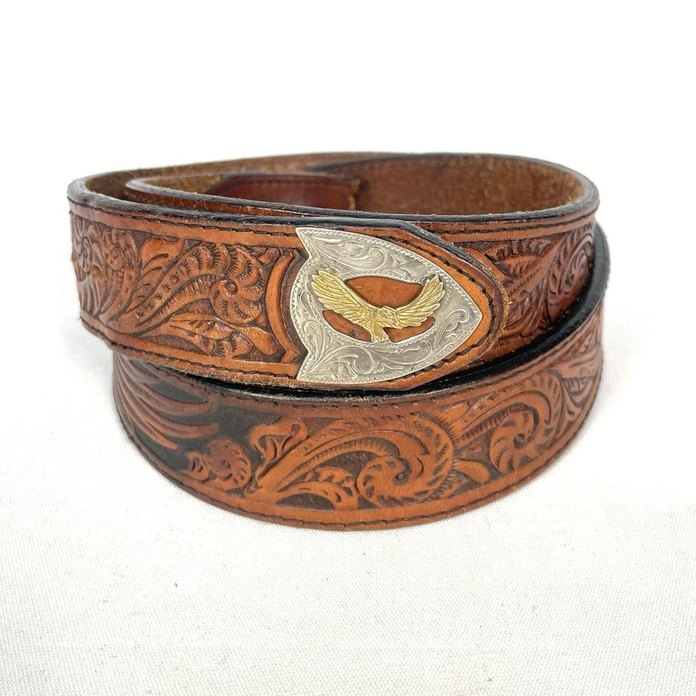 Vintage Silver Creek Eagle Tooled Brown Leather Western Belt Sz 40 USA